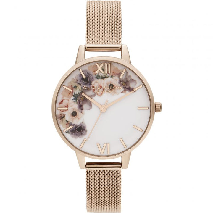 Olivia Burton Watercolour Florals 3-Hand 34mm Mesh Band – Watch